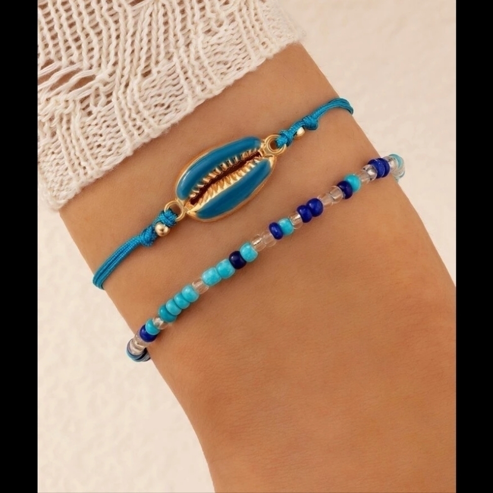 Blue Puka Shell Anklet & Turquoise Mini Beads Anklet